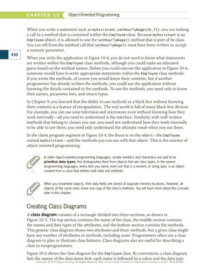 When you write a statement such as myAssistant.setHourlyWage(16.75), you are making
a call to a method that is contained within the Employee class. Because myAssistant is an
Employee object, it is allowed to use the setHourlyWage() method that is part of its class.
You can tell from the method call that setHourlyWage() must have been written to accept
a numeric parameter.
When you write the application in Figure 10-4, you do not need to know what statements
are written within the Employee class methods, although you could make an educated
guess based on the method names. Before you could execute the application in Figure 10-4,
someone would have to write appropriate statements within the Employee class methods.
If you wrote the methods, of course you would know their contents, but if another
programmer has already written the methods, you could use the application without
knowing the details contained in the methods. To use the methods, you need only to know
their names, parameter lists, and return types.
In Chapter 9, you learned that the ability to use methods as a black box without knowing
their contents is a feature of encapsulation. The real world is full of many black-box devices.
For example, you can use your television and microwave oven without knowing how they
work internally—all you need to understand is the interface. Similarly, with well-written
methods that belong to classes you use, you need not understand how they work internally
to be able to use them; you need only understand the ultimate result when you use them.
In the client program segment in Figure 10-4, the focus is on the object—the Employee
named myAssistant—and the methods you can use with that object. This is the essence of
object-oriented programming.
In older object-oriented programming languages, simple numbers and characters are said to be
primitive data types; this distinguishes them from objects that are class types. In the newest
programming languages, every item you name, even one that is a numeric or string type, is an object
created from a class that defines both data and methods.
When you instantiate objects, their data fields are stored at separate memory locations. However, all
objects of the same class share one copy of the class’s methods. You will learn more about this concept
later in this chapter.
Creating Class Diagrams
A class diagram consists of a rectangle divided into three sections, as shown in
Figure 10-5. The top section contains the name of the class, the middle section contains
the names and data types of the attributes, and the bottom section contains the methods.
This generic class diagram shows two attributes and three methods, but a given class might
have any number of attributes or methods, including none. Programmers often use a class
diagram to plan or illustrate class features. Class diagrams also are useful for describing a
class to nonprogrammers.
Figure 10-6 shows the class diagram for the Employee class. By convention, a class diagram
lists the names of the data items first; each name is followed by a colon and the data type.
430
C H A P T E R 1 0 Object-Oriented Programming
Copyright 2018 Cengage Learning. All Rights Reserved. May not be copied, scanned, or duplicated, in whole or in part. WCN 02-300
 