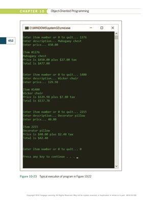 Figure 10-23  Typical execution of program in Figure 10-22
452
C H A P T E R 1 0 Object-Oriented Programming
Copyright 2018 Cengage Learning. All Rights Reserved. May not be copied, scanned, or duplicated, in whole or in part. WCN 02-300
 