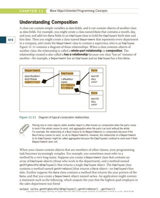 Understanding Composition
A class can contain simple variables as data fields, and it can contain objects of another class
as data fields. For example, you might create a class named Date that contains a month, day,
and year, and add two Date fields to an Employee class to hold the Employee’s birth date and
hire date. Then you might create a class named Department that represents every department
in a company, and create the Department class to contain a supervisor, who is an Employee.
Figure 11-11 contains a diagram of these relationships. When a class contains objects of
another class, the relationship is called a whole-part relationship or composition. The
relationship created is also called a has-a relationship because one class “has an” instance of
another—for example, a Department has an Employee and an Employee has a hire Date.
Placing one or more objects within another object is often known as composition when the parts cease
to exist if the whole ceases to exist, and aggregation when the parts can exist without the whole.
For example, the relationship of a Business to its Departments is composition because if the
Business ceases to exist, so do its Departments. However, the relationship of a Department
to its Employees might be called aggregation because the Employees continue to exist even if their
Department does not.
Figure 11-11  Diagram of typical composition relationships
month
day
year
idNumber
name
deptNumber
deptName
month
day
year
Department
supervisor
Employee
birthDate
hireDate
Date
Date
When your classes contain objects that are members of other classes, your programming
task becomes increasingly complex. For example, you sometimes must refer to a
method by a very long name. Suppose you create a Department class that contains an
array of Employee objects (those who work in the department), and a method named
getHighestPaidEmployee() that returns a single Employee object. The Employee class
contains a method named getHireDate()that returns a Date object—an Employee’s hire
date. Further suppose the Date class contains a method that returns the year portion of the
Date, and that you create a Department object named sales. An application might contain
a statement such as the following, which outputs the year that the highest-paid employee in
the sales department was hired:
output sales.getHighestPaidEmployee().getHireDate() .getYear()
474
C H A P T E R 1 1 More Object-Oriented Programming Concepts
Copyright 2018 Cengage Learning. All Rights Reserved. May not be copied, scanned, or duplicated, in whole or in part. WCN 02-300
 