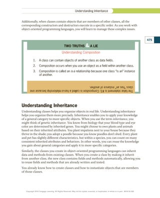 Additionally, when classes contain objects that are members of other classes, all the
corresponding constructors and destructors execute in a specific order. As you work with
object-oriented programming languages, you will learn to manage these complex issues.
The
false
statement
is
#3.
Composition
is
called
a
has-a
relationship
because
one
class
“has
an”
instance
of
another.
TWO TRUTHS  A LIE
Understanding Composition
1.	 A class can contain objects of another class as data fields.
2.	 Composition occurs when you use an object as a field within another class.
3.	 Composition is called an is-a relationship because one class “is an” instance
of another.
Understanding Inheritance
Understanding classes helps you organize objects in real life. Understanding inheritance
helps you organize them more precisely. Inheritance enables you to apply your knowledge
of a general category to more specific objects. When you use the term inheritance, you
might think of genetic inheritance. You know from biology that your blood type and eye
color are determined by inherited genes. You might choose to own plants and animals
based on their inherited attributes. You plant impatiens next to your house because they
thrive in the shade; you adopt a poodle because you know poodles don’t shed. Every plant
and pet has slightly different characteristics, but within a species, you can count on many
consistent inherited attributes and behaviors. In other words, you can reuse the knowledge
you gain about general categories and apply it to more specific categories.
Similarly, the classes you create in object-oriented programming languages can inherit
data and methods from existing classes. When you create a class by making it inherit
from another class, the new class contains fields and methods automatically, allowing you
to reuse fields and methods that are already written and tested.
You already know how to create classes and how to instantiate objects that are members
of those classes.
475
Understanding Inheritance
Copyright 2018 Cengage Learning. All Rights Reserved. May not be copied, scanned, or duplicated, in whole or in part. WCN 02-300
 