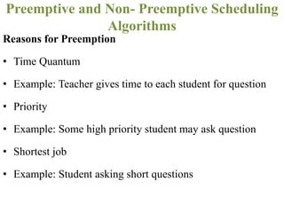 Reasons for Preemption
• Time Quantum
• Example: Teacher gives time to each student for question
• Priority
• Example: Some high priority student may ask question
• Shortest job
• Example: Student asking short questions
Preemptive and Non- Preemptive Scheduling
Algorithms
 