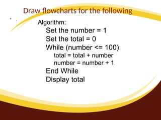 Draw flowcharts for the following
• .
Algorithm:
Set the number = 1
Set the total = 0
While (number <= 100)
total = total + number
number = number + 1
End While
Display total
 