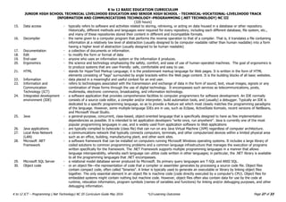 K to 12 BASIC EDUCATION CURRICULUM
JUNIOR HIGH SCHOOL TECHNICAL LIVELIHOOD EDUCATION AND SENIOR HIGH SCHOOL - TECHNICAL-VOCATIONAL-LIVELIHOOD TRACK
INFORMATION AND COMMUNICATIONS TECHNOLOGY–PROGRAMMING (.NET TECHNOLOGY) NC III
(320 hours)
Page 27 of 33
K to 12 ICT – Programming (.Net Technology) NC III Curriculum Guide May 2016 *LO-Learning Outcomes
15. Data access - typically refers to software and activities related to storing, retrieving, or acting on data housed in a database or other repository.
Historically, different methods and languages were required for every repository, including each different database, file system, etc.,
and many of these repositories stored their content in different and incompatible formats.
16. Decompiler - the name given to a computer program that performs the reverse operation to that of a compiler. That is, it translates a file containing
information at a relatively low level of abstraction (usually designed to be computer readable rather than human readable) into a form
having a higher level of abstraction (usually designed to be human readable)
17. Documentation - a collection of documents or information.
18. Edit - to modify the form or format of data
19. End-user - anyone who uses an information system or the information it produces.
20. Ergonomics - the science and technology emphasizing the safety, comfort, and ease of use of human-operated machines. The goal of ergonomics is
to produce systems that are user-friendly: safe, comfortable and easy to use.
21. HTML - stands for HyperText Markup Language; it is the predominant markup language for Web pages. It is written in the form of HTML
elements consisting of "tags" surrounded by angle brackets within the Web page content. It is the building blocks of all basic websites.
22. Information - data placed in a meaningful and useful context for an end user.
23. Information and
Communication
Technology (ICT)
- refers to technologies associated with the transmission and exchange of data in the form of sound, text, visual images, signals or any
combination of those forms through the use of digital technology. It encompasses such services as telecommunications, posts,
multimedia, electronic commerce, broadcasting, and information technology.
24. Integrated development
environment (IDE)
- a software application that provides comprehensive facilities to computer programmers for software development. An IDE normally
consists of a source code editor, a compiler and/or interpreter, build automation tools, and (usually) a debugger. Typically an IDE is
dedicated to a specific programming language, so as to provide a feature set which most closely matches the programming paradigms
of the language. However, some multiple-language IDEs are in use, such as Eclipse, ActiveState Komodo, recent versions of NetBeans,
and Microsoft Visual Studio.
25. Java - a general-purpose, concurrent, class-based, object-oriented language that is specifically designed to have as few implementation
dependencies as possible. It is intended to let application developers "write once, run anywhere". Java is currently one of the most
popular programming languages in use, and is widely used from application software to Web applications
26. Java applications - are typically compiled to bytecode (class file) that can run on any Java Virtual Machine (JVM) regardless of computer architecture.
27. Local Area Network
(LAN)
- a communications network that typically connects computers, terminals, and other computerized devices within a limited physical area
such as an office, building, manufacturing plant, and other work sites.
28. Microsoft .NET
Framework
- a software framework that can be installed on computers running Microsoft Windows operating systems. It includes a large library of
coded solutions to common programming problems and a common language infrastructure that manages the execution of programs
written specifically for the framework. The .NET Framework supports multiple programming languages in a manner that allows
language interoperability, whereby each language can utilize code written in other languages; in particular, the .NET library is available
to all the programming languages that .NET encompasses.
29. Microsoft SQL Server - a relational model database server produced by Microsoft. Its primary query languages are T-SQL and ANSI SQL.
30. Object code - or an object file—the representation of code that a compiler or assembler generates by processing a source code file. Object files
contain compact code, often called "binaries". A linker is typically used to generate an executable or library by linking object files
together. The only essential element in an object file is machine code (code directly executed by a computer's CPU). Object files for
embedded systems might contain nothing but machine code. However, object files often also contain data for use by the code at
runtime, relocation information, program symbols (names of variables and functions) for linking and/or debugging purposes, and other
debugging information.
 