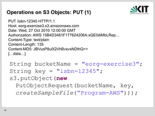 17
Operations on S3 Objects: PUT (1)
PUT /isbn-12345 HTTP/1.1
Host: eorg-exercise3.s3.amazonaws.com
Date: Wed, 27 Oct 2010 12:00:00 GMT
Authorization: AWS 15B4D3461F177624206A:xQE0diMbLRep…
Content-Type: text/plain
Content-Length: 135
Content-MD5: JBVusP8u0QVhBvsvxNDthQ==
[…data…]
String bucketName = "eorg-exercise3";
String key = "isbn-12345";
s3.putObject(new
PutObjectRequest(bucketName, key,
createSampleFile(“Program-AWS")));
 
