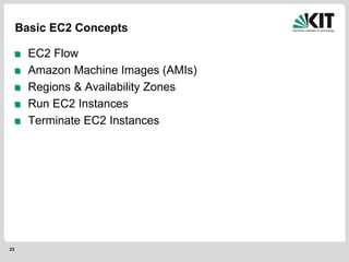 23
Basic EC2 Concepts
EC2 Flow
Amazon Machine Images (AMIs)
Regions & Availability Zones
Run EC2 Instances
Terminate EC2 Instances
 