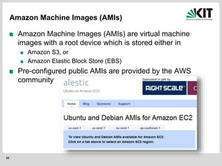 25
Amazon Machine Images (AMIs)
Amazon Machine Images (AMIs) are virtual machine
images with a root device which is stored either in
Amazon S3, or
Amazon Elastic Block Store (EBS)
Pre-configured public AMIs are provided by the AWS
community
 