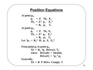 Position Equations
At point p1,
p1 = Z
T61 = Z-1
= R1
At point p2,
p1 = Z
T61 = Z-1
= R2
Let 2p1 = R2-1 R1

T61 E1
p1 E1-1
p1 T1
T62 E2
p2 E2-1
p2 T2
p1 E1 E2-1

From point p1 to point p2,
T6 = R2 2p1 Drive(s) T2
where Drive(0) = Identity
Drive(1) = 2p1-1 p2
Generally,
T6 = R P Drive Comply T
50

 
