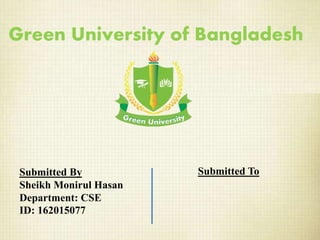 Submitted By
Sheikh Monirul Hasan
Department: CSE
ID: 162015077
Submitted To
Green University of Bangladesh
 