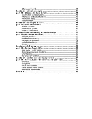 differences from C.......................................................................................41
hands-on—simple example .......................................................44
part 10—Classes in More Detail................................................45
       constructors and destructors.....................................................................45
       inheritance and virtual functions..............................................................46
       information hiding.......................................................................................46
       static members............................................................................................46
hands-on—adding to a class.....................................................48
part 11—style and idioms..........................................................49
       access functions..........................................................................................49
       protected vs. private...................................................................................49
       usage of constructors.................................................................................50
hands-on—implementing a simple design.................................52
part 12—Advanced Features .....................................................53
       mixing C and C++.......................................................................................53
       overloading operators................................................................................53
       memory management................................................................................54
       multiple inheritance....................................................................................55
       cloning..........................................................................................................56
hands-on—3-D array class........................................................58
part 13—Design Trade-Offs.......................................................59
       case study—vector class...........................................................................59
       defining operators vs. functions...............................................................59
       when to inline..............................................................................................59
       the temporary problem...............................................................................60
hands-on—vector class using operators ...................................61
part 14—More Advanced Features and Concepts .....................62
       templates......................................................................................................62
       exceptions....................................................................................................63
       virtual base classes....................................................................................63
       future feature: name spaces.....................................................................64
       libraries vs. frameworks.............................................................................64
i n d e x......................................................................................65
 