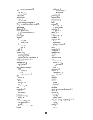 vs. preprocessor macro 24                   arithmetic 14
int 9                                               array indexing 15
   char size 29                                     performance 15
   pointer size 29                             parameter 8
iostream 41                                 portability 29
iostream.h 41                               postincrement 25
L-value 60                                  preincrement 25
   and arrays 14                            preprocessor 23
   return using reference (&) 53            printf 5
library vs. application framework 64        private 39
long 9                                         derived class 40
MacApp 64                                      vs. protected 49
Macintosh 33, 64                            protected 39
macro (preprocessor) 23                        vs. private 49
   vs. C++ inline function 24               prototype 8
make 28                                     public 39
malloc() 24                                    derived class 40
memory                                      quicksort 30
   C                                        reference type
        free() 14                              & 42
        malloc() 24                            parameter 42
   C++                                         returning L-value 53
        delete 54                           register 9
        new 54                              return 8
   leak 45                                  reusability 64
mixin 56                                    scanf (risk) 14
Modula–2 28                                 scope operator
   enumerated type 19                       short 9
   function pointer 24                      sizeof 24
   type-safe separate compilation 28        Smalltalk-80 64
multiple inheritance 40, 55                 sort
name space 64                                  employees 22
new (operator) 54                              generic 24, 27
   overloading 54                                   template 62
new.h 55                                       int 17
object-oriented design 32                      string 17
   C 35                                     statements 10
        limitations 37                      static 9, 28
   C++ 39                                      class member 46
        implementation 52                           defining 47
open                                        stddef.h 54
   fstream 41                               stdio.h 5
operator                                    stdlib.h 41
   delete 54                                streams 41
   indexing [] 53                              files 41
   new 54                                      fstream 41
   overloading 53                           string.h 17
or 11                                       strings 9
overloading 39                              strong typing (other languages) 19
   new 54                                   struct 19
   operators 53                             switch 10
parameter 13                                template 62
parameter passing 14                           class 62
   pointer. 8                                  generic sort 62
Pascal                                      type-safe separate compilation 28, 42
   enumerated type 19                          C vs. Ada and Modula–2 28
   function pointer 24                         extern "C" 53
   record 19                                typedef 19
path name conventions 29                    types 9
pointer                                        cast 24


                                       66
 