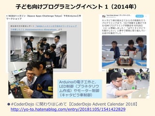 子ども向けプログラミングイベント 1（2014年）
●#CoderDojo に関わりはじめて【CoderDojo Advent Calendar 2018】
http://yo-to.hatenablog.com/entry/20181105/1541422829
Arduinoの電子工作と、
LED制御（プラネタリウ
ム作成）やモーター制御
（キャタピラ車制御）
 