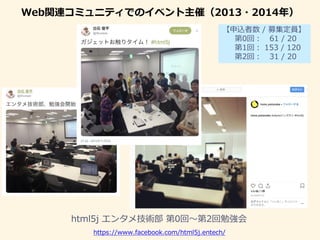 Web関連コミュニティでのイベント主催（2013・2014年）
【申込者数 / 募集定員】
第0回： 61 / 20
第1回： 153 / 120
第2回： 31 / 20
html5j エンタメ技術部 第0回〜第2回勉強会
https://www.facebook.com/html5j.entech/
 