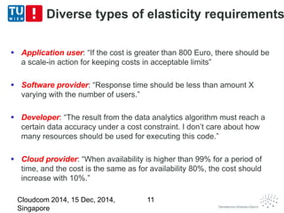 Diverse types of elasticity requirements 
 Application user: “If the cost is greater than 800 Euro, there should be 
a scale-in action for keeping costs in acceptable limits” 
 Software provider: “Response time should be less than amount X 
varying with the number of users.” 
 Developer: “The result from the data analytics algorithm must reach a 
certain data accuracy under a cost constraint. I don’t care about how 
many resources should be used for executing this code.” 
 Cloud provider: “When availability is higher than 99% for a period of 
time, and the cost is the same as for availability 80%, the cost should 
increase with 10%.” 
Cloudcom 2014, 15 Dec, 2014, 
Singapore 
11 
 