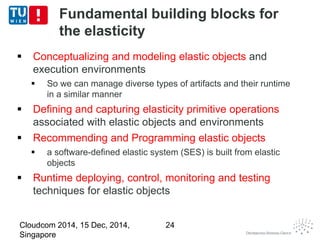 Fundamental building blocks for 
the elasticity 
 Conceptualizing and modeling elastic objects and 
execution environments 
 So we can manage diverse types of artifacts and their runtime 
in a similar manner 
 Defining and capturing elasticity primitive operations 
associated with elastic objects and environments 
 Recommending and Programming elastic objects 
 a software-defined elastic system (SES) is built from elastic 
objects 
 Runtime deploying, control, monitoring and testing 
techniques for elastic objects 
Cloudcom 2014, 15 Dec, 2014, 
Singapore 
24 
 