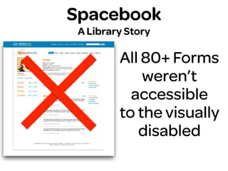 All 80+ Forms
weren’t
accessible
to the visually
disabled
Spacebook
A Library Story
 