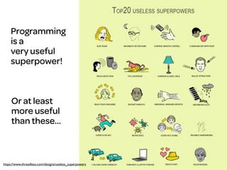 Programming
is a
very useful
superpower!
Or at least
more useful
than these…
https://www.threadless.com/designs/useless_superpowers
 