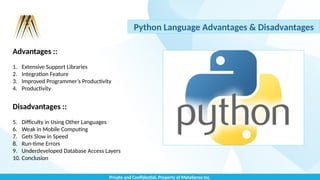 Private and Confidential, Property of MetaSense Inc.
Python Language Advantages & Disadvantages
Advantages ::
1. Extensive Support Libraries
2. Integration Feature
3. Improved Programmer’s Productivity
4. Productivity
Disadvantages ::
5. Difficulty in Using Other Languages
6. Weak in Mobile Computing
7. Gets Slow in Speed
8. Run-time Errors
9. Underdeveloped Database Access Layers
10. Conclusion
 