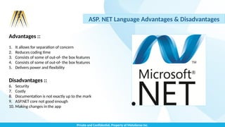 Private and Confidential, Property of MetaSense Inc.
ASP. NET Language Advantages & Disadvantages
Advantages ::
1. It allows for separation of concern
2. Reduces coding time
3. Consists of some of out-of- the box features
4. Consists of some of out-of- the box features
5. Delivers power and flexibility
Disadvantages ::
6. Security
7. Costly
8. Documentation is not exactly up to the mark
9. ASP.NET core not good enough
10. Making changes in the app
 