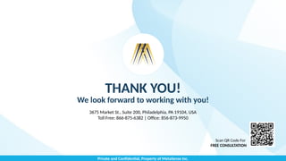 THANK YOU!
We look forward to working with you!
3675 Market St., Suite 200, Philadelphia, PA 19104, USA
Toll Free: 866-875-6382 | Office: 856-873-9950
Private and Confidential, Property of MetaSense Inc.
Scan QR Code For
FREE CONSULTATION
 