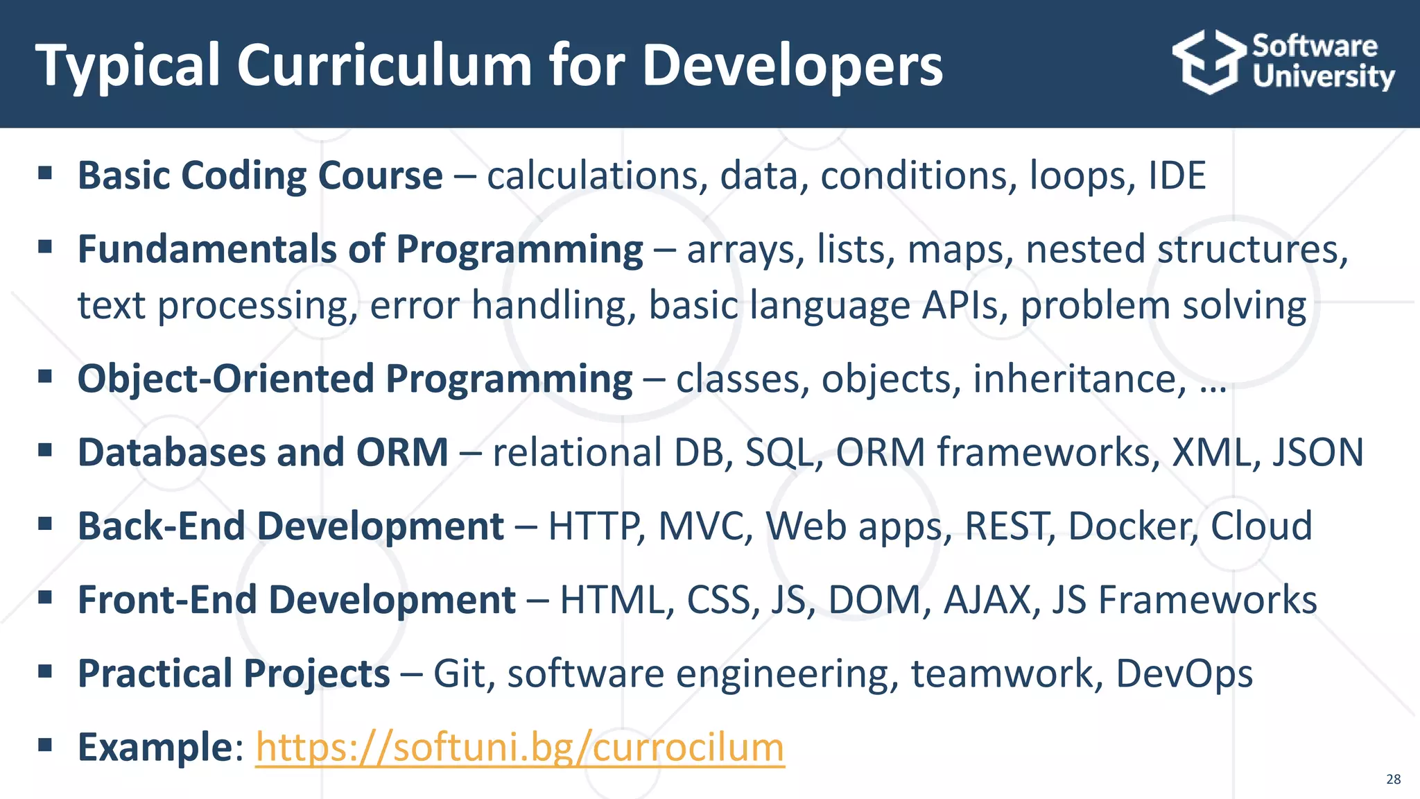 28
 Basic Coding Course – calculations, data, conditions, loops, IDE
 Fundamentals of Programming – arrays, lists, maps, nested structures,
text processing, error handling, basic language APIs, problem solving
 Object-Oriented Programming – classes, objects, inheritance, …
 Databases and ORM – relational DB, SQL, ORM frameworks, XML, JSON
 Back-End Development – HTTP, MVC, Web apps, REST, Docker, Cloud
 Front-End Development – HTML, CSS, JS, DOM, AJAX, JS Frameworks
 Practical Projects – Git, software engineering, teamwork, DevOps
 Example: https://softuni.bg/currocilum
Typical Curriculum for Developers
 
