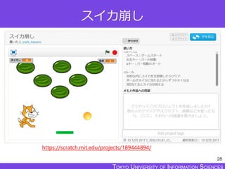 TOKYO JOHO UNIVERSITYTOKYO UNIVERSITY OF INFORMATION SCIENCESTOKYO UNIVERSITY OF INFORMATION SCIENCES
スイカ崩し
28
https://scratch.mit.edu/projects/189444894/
 