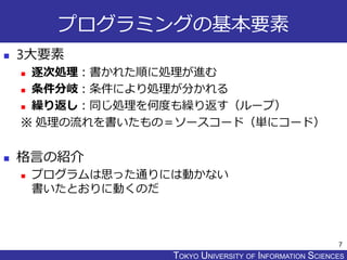 TOKYO JOHO UNIVERSITYTOKYO UNIVERSITY OF INFORMATION SCIENCES
プログラミングの基本要素
 3大要素
 逐次処理：書かれた順に処理が進む
 条件分岐：条件により処理が分かれる
 繰り返し：同じ処理を何度も繰り返す（ループ）
※ 処理の流れを書いたもの＝ソースコード（単にコード）
 格言の紹介
 プログラムは思った通りには動かない
書いたとおりに動くのだ
7
 