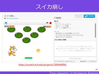 TOKYO JOHO UNIVERSITYTOKYO UNIVERSITY OF INFORMATION SCIENCESTOKYO UNIVERSITY OF INFORMATION SCIENCES
スイカ崩し
31
https://scratch.mit.edu/projects/189444894/
 