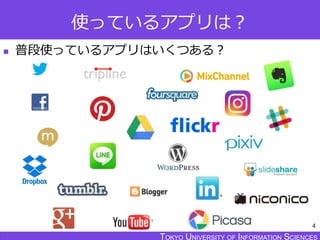 TOKYO JOHO UNIVERSITYTOKYO UNIVERSITY OF INFORMATION SCIENCESTOKYO UNIVERSITY OF INFORMATION SCIENCES
使っているアプリは？
 普段使っているアプリはいくつある？
4
 
