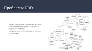 Проблемы DDD
- требует тщательной проработки, что ведет
к увеличению затраченного ресурса и
удорожанию проекта
- определенные части становятся сложнее
в поддержке
 