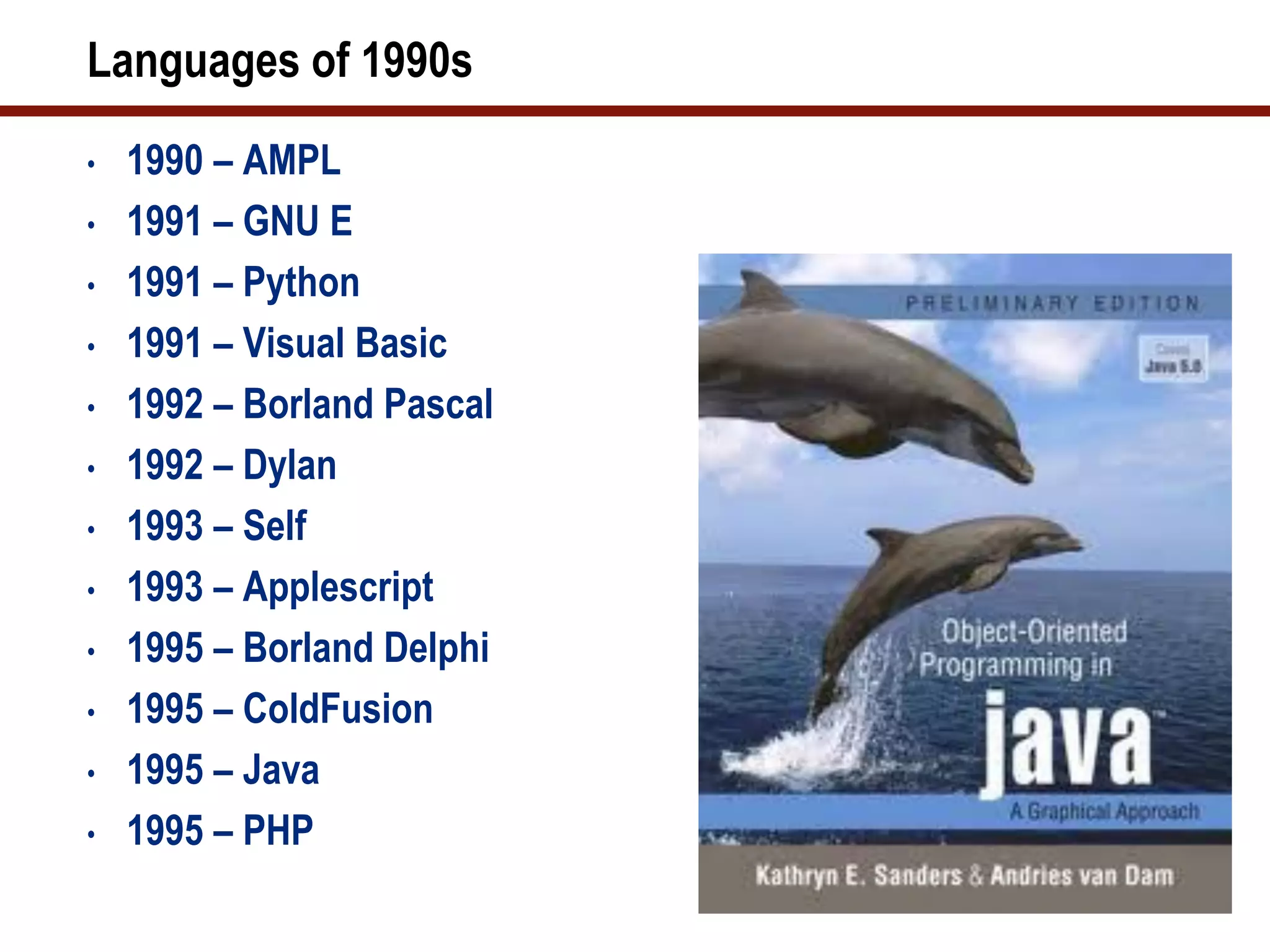 Languages of 1990s
•   1990 – AMPL
•   1991 – GNU E
•   1991 – Python
•   1991 – Visual Basic
•   1992 – Borland Pascal
•   1992 – Dylan
•   1993 – Self
•   1993 – Applescript
•   1995 – Borland Delphi
•   1995 – ColdFusion
•   1995 – Java
•   1995 – PHP
 