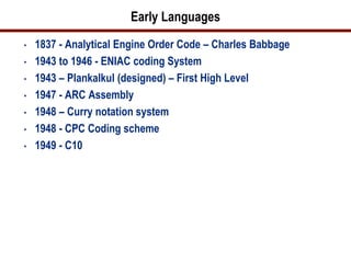 Early Languages
•   1837 - Analytical Engine Order Code – Charles Babbage
•   1943 to 1946 - ENIAC coding System
•   1943 – Plankalkul (designed) – First High Level
•   1947 - ARC Assembly
•   1948 – Curry notation system
•   1948 - CPC Coding scheme
•   1949 - C10
 