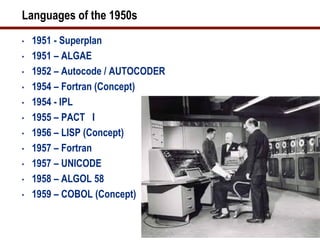 Languages of the 1950s
•   1951 - Superplan
•   1951 – ALGAE
•   1952 – Autocode / AUTOCODER
•   1954 – Fortran (Concept)
•   1954 - IPL
•   1955 – PACT I
•   1956 – LISP (Concept)
•   1957 – Fortran
•   1957 – UNICODE
•   1958 – ALGOL 58
•   1959 – COBOL (Concept)
 