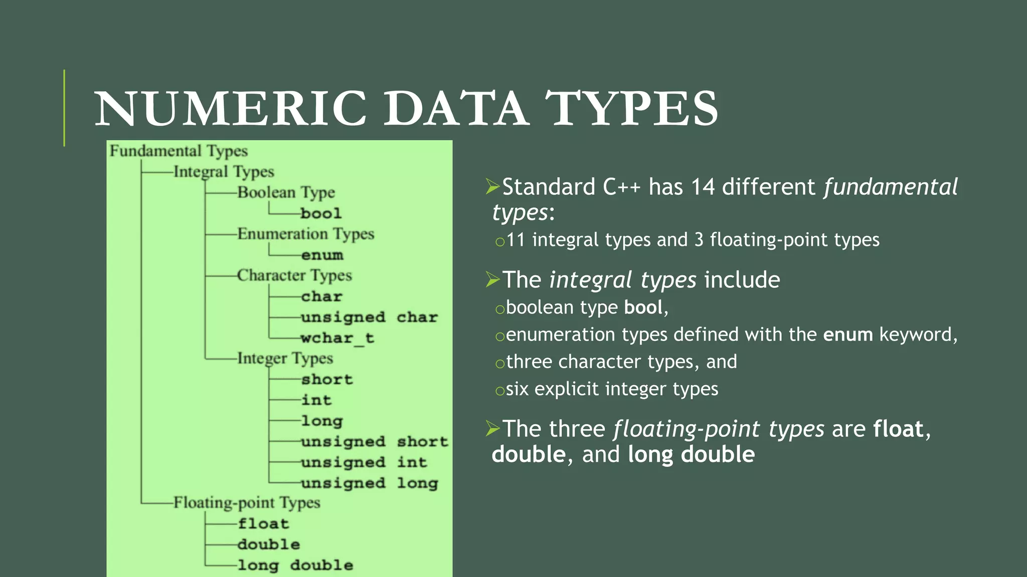 NUMERIC DATA TYPES
Standard C++ has 14 different fundamental
types:
o11 integral types and 3 floating-point types
The integral types include
oboolean type bool,
oenumeration types defined with the enum keyword,
othree character types, and
osix explicit integer types
The three floating-point types are float,
double, and long double
 