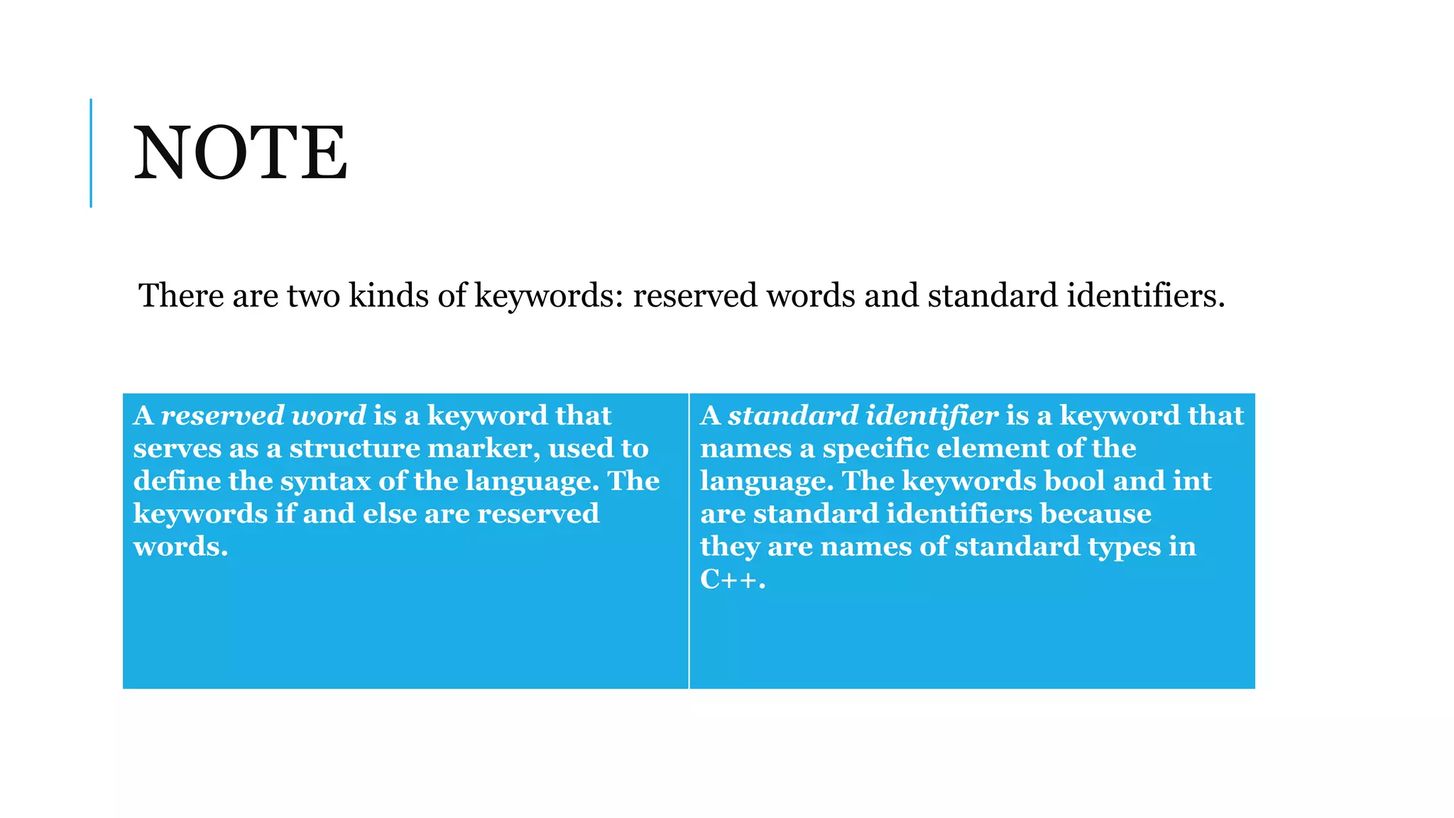 NOTE
There are two kinds of keywords: reserved words and standard identifiers.
A reserved word is a keyword that
serves as a structure marker, used to
define the syntax of the language. The
keywords if and else are reserved
words.
A standard identifier is a keyword that
names a specific element of the
language. The keywords bool and int
are standard identifiers because
they are names of standard types in
C++.
 