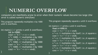 NUMERIC OVERFLOW
computers are manifestly prone to error when their numeric values become too large (the
error is called numeric overflow)
This program repeatedly multiplies n by 1000
until it overflows.
int main() { // prints n until it overflows:
int n=1000;
cout << "n = " << n << endl;
n *= 1000; // multiplies n by 1000
cout << "n = " << n << endl;
n *= 1000; // multiplies n by 1000
cout << "n = " << n << endl;
n *= 1000; // multiplies n by 1000
cout << "n = " << n << endl;
}
This program repeatedly squares x until it overflows
int main() { // prints x until it overflows:
float x=1000.0;
cout << "x = " << x << endl;
x *= x; // multiplies n by itself; i.e.,it squares x
cout << "x = " << x << endl;
x *= x; // multiplies n by itself; i.e.,it squares x
cout << "x = " << x << endl;
x *= x; // multiplies n by itself; i.e.,it squares x
cout << "x = " << x << endl;
x *= x; // multiplies n by itself; i.e.,it squares x
cout << "x = " << x << endl;
}
 