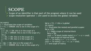 SCOPE
int x = 11; // this x is global
int main()
{ // illustrates the nested and parallel scopes:
int x = 22;
{ // begin scope of internal block
int x = 33;
cout << "In block inside main(): x = " << x << endl;
} // end scope of internal block
cout << "In main(): x = " << x << endl;
cout << "In main(): ::x = " << ::x << endl;
} // end scope of main()
int main()
{ // illustrates the scope of variables:
x = 11; // ERROR: this is not in the scope of x
int x;
{ x = 22; // OK: this is in the scope of x
y = 33; // ERROR: this is not in the scope of y
int y;
x = 44; // OK: this is in the scope of x
y = 55; // OK: this is in the scope of y
}
x = 66; // OK: this is in the scope of x
y = 77; // ERROR: this is not in the scope of y
}
 Scope of an identifier is that part of the program where it can be used
 scope resolution operator :: are used to access the global variables
 