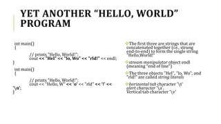YET ANOTHER “HELLO, WORLD”
PROGRAM
int main()
{
// prints "Hello, World!":
cout << "Hel" << "lo, Wo" << "rld!" << endl;
}
int main()
{
// prints "Hello, World!":
cout << "Hello, W" << 'o' << "rld" << '!' <<
'n';
}
The first three are strings that are
concatenated together (i.e., strung
end-to-end) to form the single string
"Hello,World!“
stream manipulator object endl
(meaning “end of line”)
The three objects "Hel", "lo, Wo", and
"rld!" are called string literals
horizontal tab character 't'
alert character 'a'.
Vertical tab character ‘v’
 