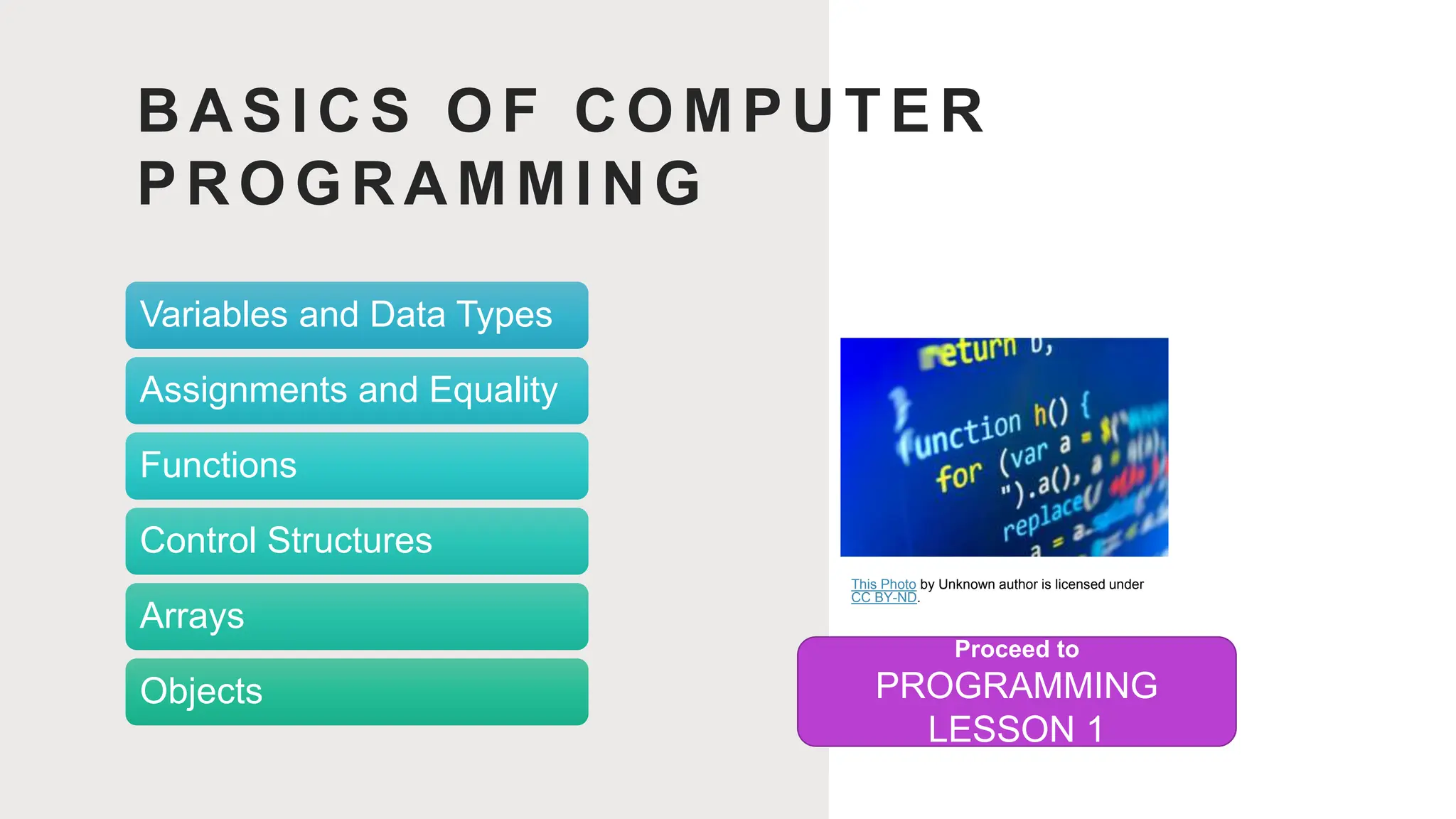 BASICS OF COMPUTER
PROGRAMMING
Variables and Data Types
Assignments and Equality
Functions
Control Structures
Arrays
Objects
This Photo by Unknown author is licensed under
CC BY-ND.
Proceed to
PROGRAMMING
LESSON 1
 