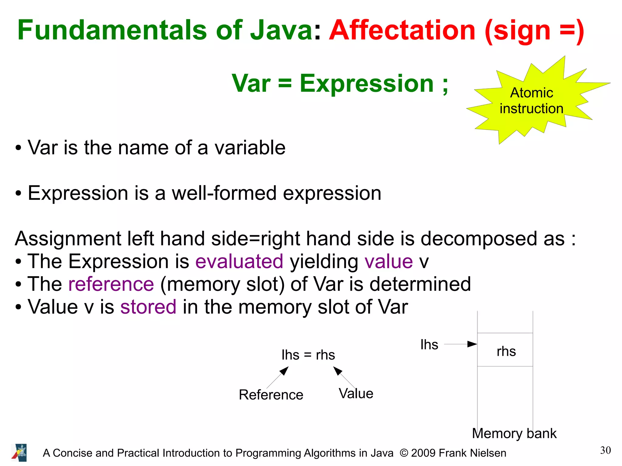 30A Concise and Practical Introduction to Programming Algorithms in Java © 2009 Frank Nielsen Fundamentals of Java: Affectation (sign =) Var = Expression ; ● Var is the name of a variable ● Expression is a well-formed expression Assignment left hand side=right hand side is decomposed as : ● The Expression is evaluated yielding value v ● The reference (memory slot) of Var is determined ● Value v is stored in the memory slot of Var lhs = rhs Reference Value lhs rhs Memory bank Atomic instruction 