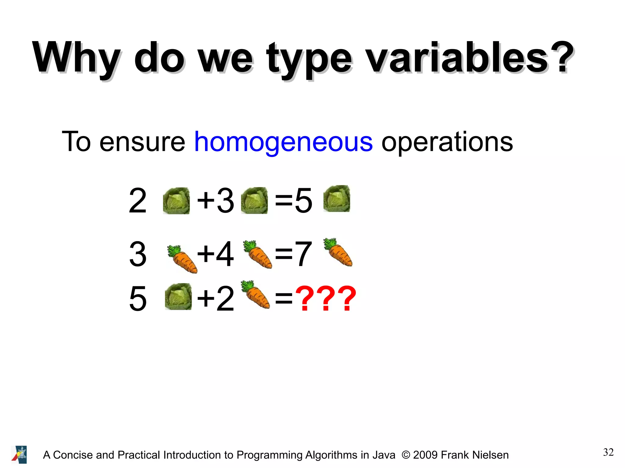 32A Concise and Practical Introduction to Programming Algorithms in Java © 2009 Frank Nielsen Why do we type variables?Why do we type variables? To ensure homogeneous operations 2 +3 =5 3 +4 =7 5 +2 =??? 3 +4 =7 