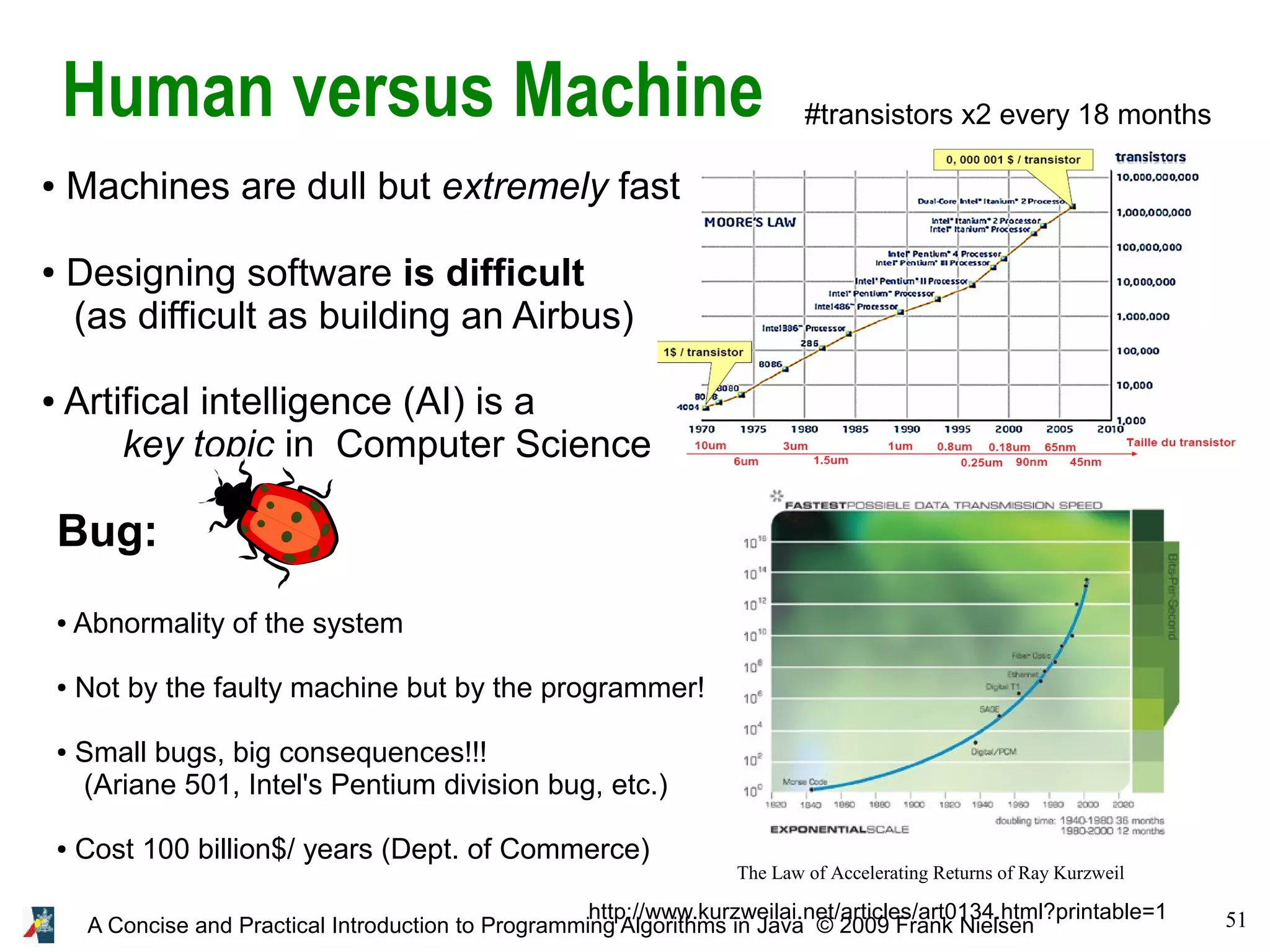51A Concise and Practical Introduction to Programming Algorithms in Java © 2009 Frank Nielsen Human versus Machine #transistors x2 every 18 months http://www.kurzweilai.net/articles/art0134.html?printable=1 The Law of Accelerating Returns of Ray Kurzweil ● Machines are dull but extremely fast ● Designing software is difficult (as difficult as building an Airbus) ● Artifical intelligence (AI) is a key topic in Computer Science Bug: ● Abnormality of the system ● Not by the faulty machine but by the programmer! ● Small bugs, big consequences!!! (Ariane 501, Intel's Pentium division bug, etc.) ● Cost 100 billion$/ years (Dept. of Commerce) 