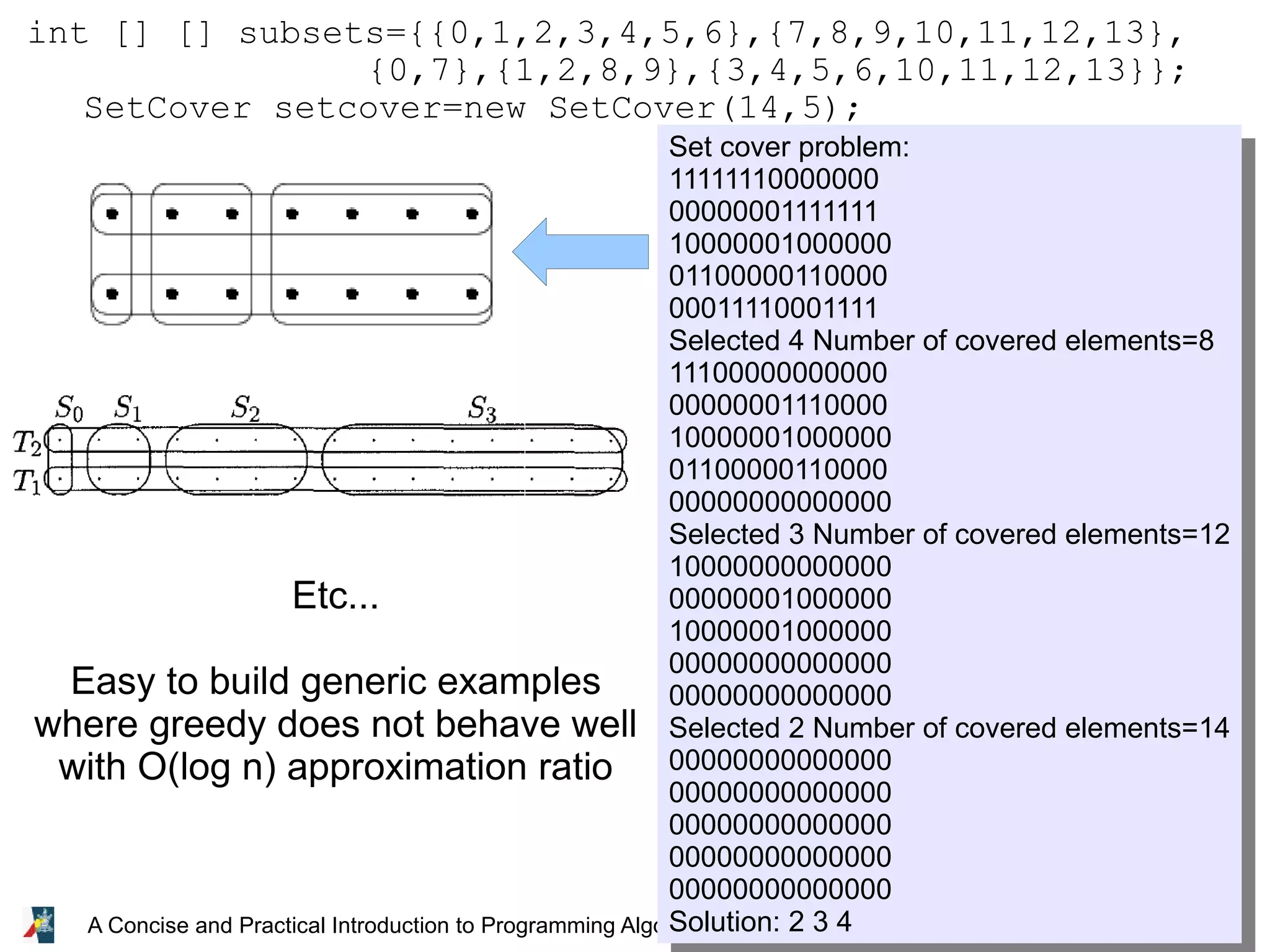 28 A Concise and Practical Introduction to Programming Algorithms in Java © 2009 Frank Nielsen int [] [] subsets={{0,1,2,3,4,5,6},{7,8,9,10,11,12,13}, {0,7},{1,2,8,9},{3,4,5,6,10,11,12,13}}; SetCover setcover=new SetCover(14,5); Set cover problem: 11111110000000 00000001111111 10000001000000 01100000110000 00011110001111 Selected 4 Number of covered elements=8 11100000000000 00000001110000 10000001000000 01100000110000 00000000000000 Selected 3 Number of covered elements=12 10000000000000 00000001000000 10000001000000 00000000000000 00000000000000 Selected 2 Number of covered elements=14 00000000000000 00000000000000 00000000000000 00000000000000 00000000000000 Solution: 2 3 4 Etc... Easy to build generic examples where greedy does not behave well with O(log n) approximation ratio 