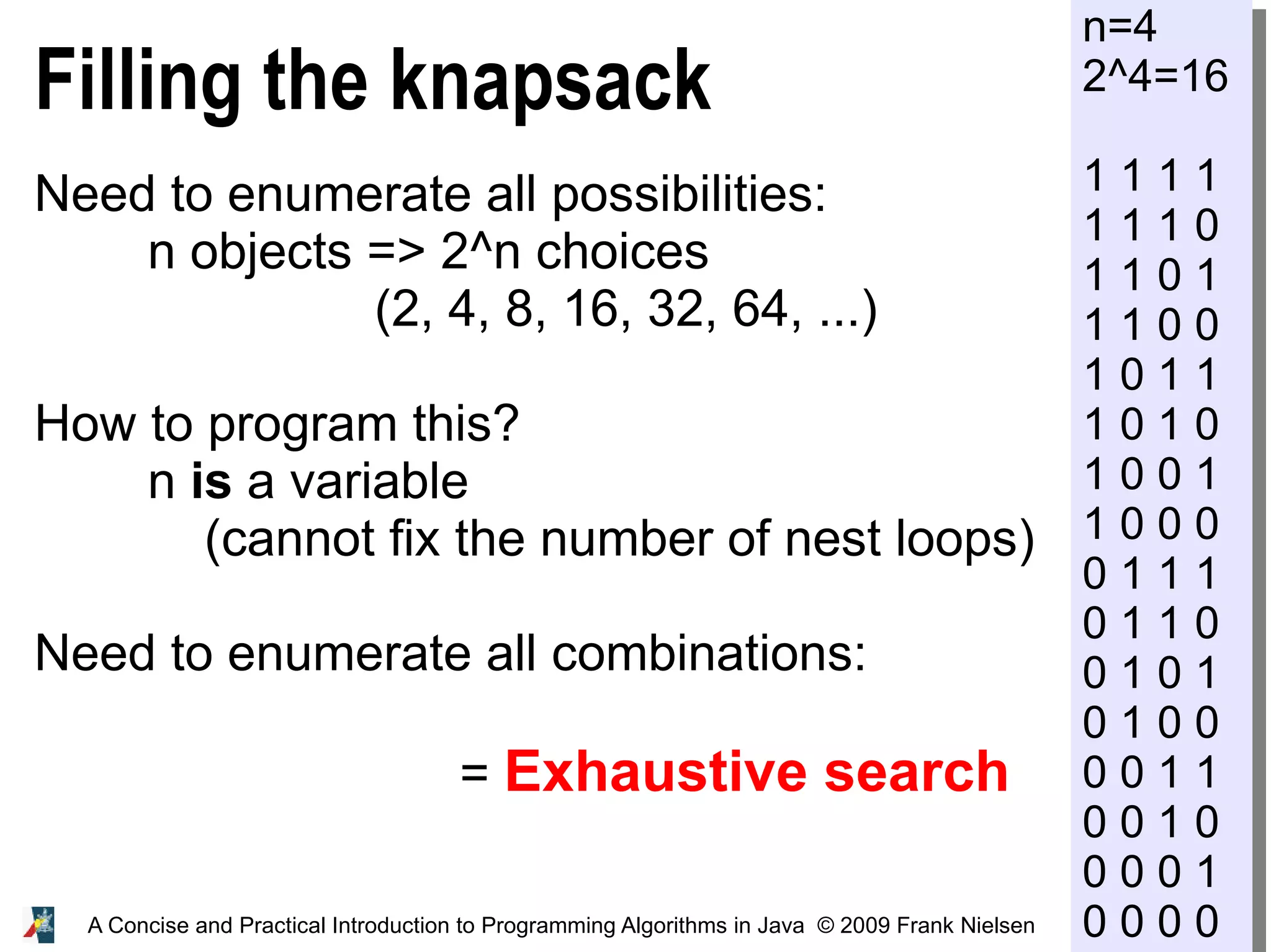 30 A Concise and Practical Introduction to Programming Algorithms in Java © 2009 Frank Nielsen Filling the knapsack Need to enumerate all possibilities: n objects => 2^n choices (2, 4, 8, 16, 32, 64, ...) How to program this? n is a variable (cannot fix the number of nest loops) Need to enumerate all combinations: = Exhaustive search n=4 2^4=16 1 1 1 1 1 1 1 0 1 1 0 1 1 1 0 0 1 0 1 1 1 0 1 0 1 0 0 1 1 0 0 0 0 1 1 1 0 1 1 0 0 1 0 1 0 1 0 0 0 0 1 1 0 0 1 0 0 0 0 1 0 0 0 0 