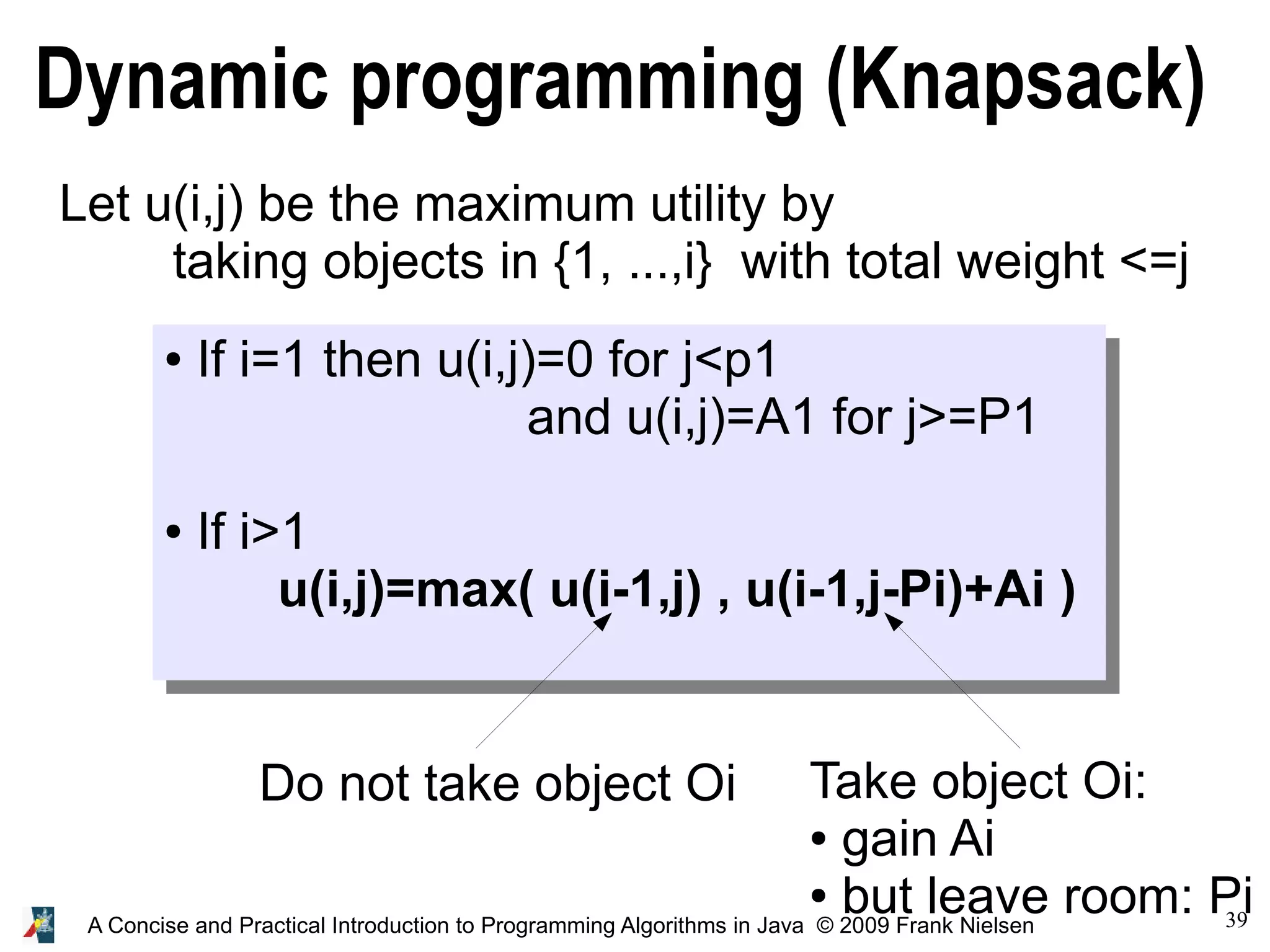 39 A Concise and Practical Introduction to Programming Algorithms in Java © 2009 Frank Nielsen Dynamic programming (Knapsack) Let u(i,j) be the maximum utility by taking objects in {1, ...,i} with total weight <=j ● If i=1 then u(i,j)=0 for j<p1 and u(i,j)=A1 for j>=P1 ● If i>1 u(i,j)=max( u(i-1,j) , u(i-1,j-Pi)+Ai ) Take object Oi: ● gain Ai ● but leave room: Pi Do not take object Oi 