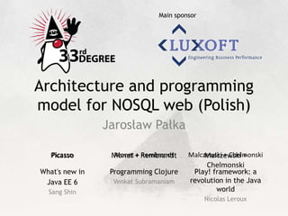 Architecture and programming model for NOSQL web (Polish) JarosławPałka What's new in  Java EE 6 Sang Shin Programming Clojure VenkatSubramaniam Play! framework: a revolution in the Java world Nicolas Leroux 