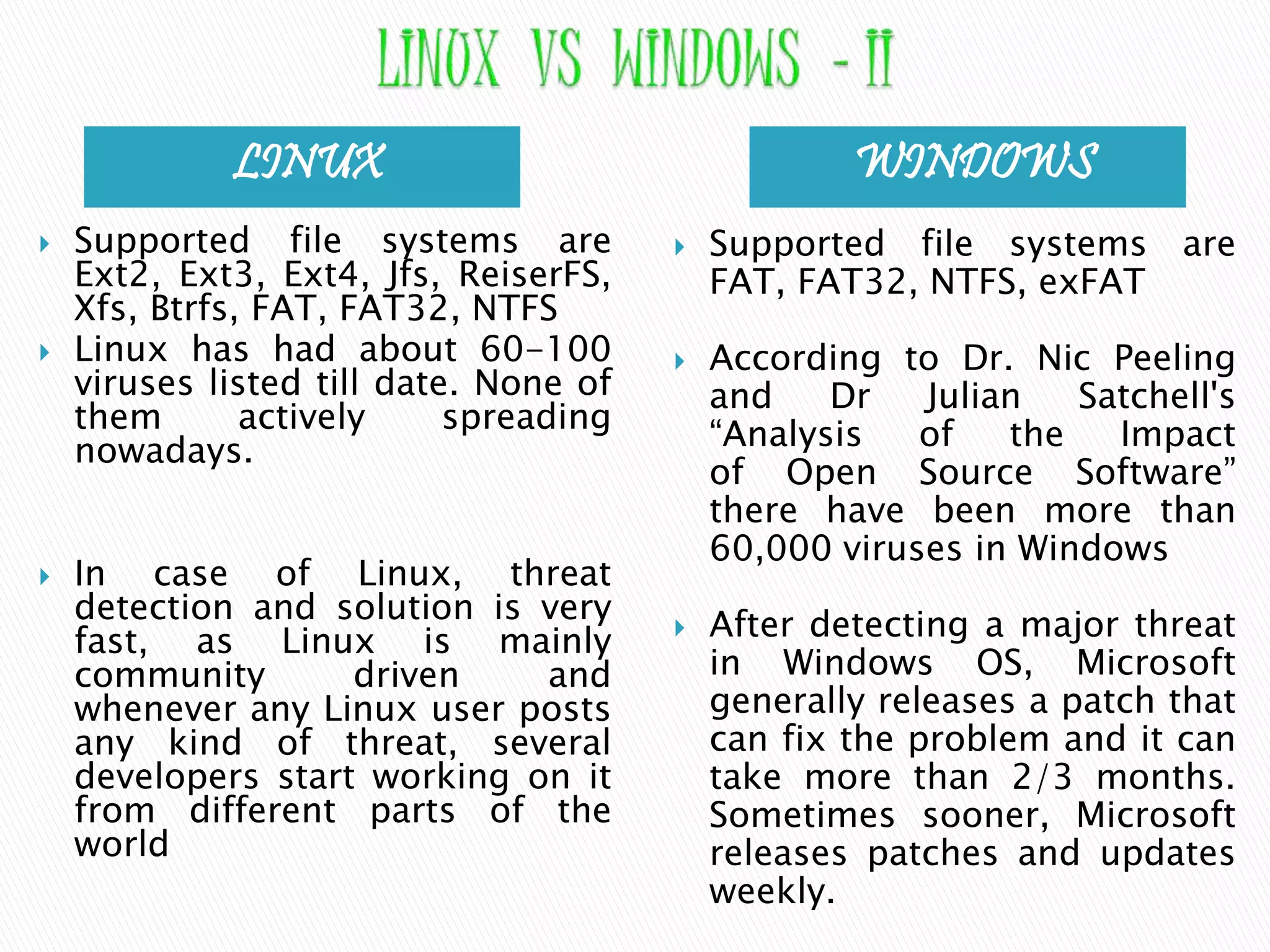 LINUX WINDOWS  Supported file systems are Ext2, Ext3, Ext4, Jfs, ReiserFS, Xfs, Btrfs, FAT, FAT32, NTFS  Linux has had about 60-100 viruses listed till date. None of them actively spreading nowadays.  In case of Linux, threat detection and solution is very fast, as Linux is mainly community driven and whenever any Linux user posts any kind of threat, several developers start working on it from different parts of the world  Supported file systems are FAT, FAT32, NTFS, exFAT  According to Dr. Nic Peeling and Dr Julian Satchell's “Analysis of the Impact of Open Source Software” there have been more than 60,000 viruses in Windows  After detecting a major threat in Windows OS, Microsoft generally releases a patch that can fix the problem and it can take more than 2/3 months. Sometimes sooner, Microsoft releases patches and updates weekly. 
