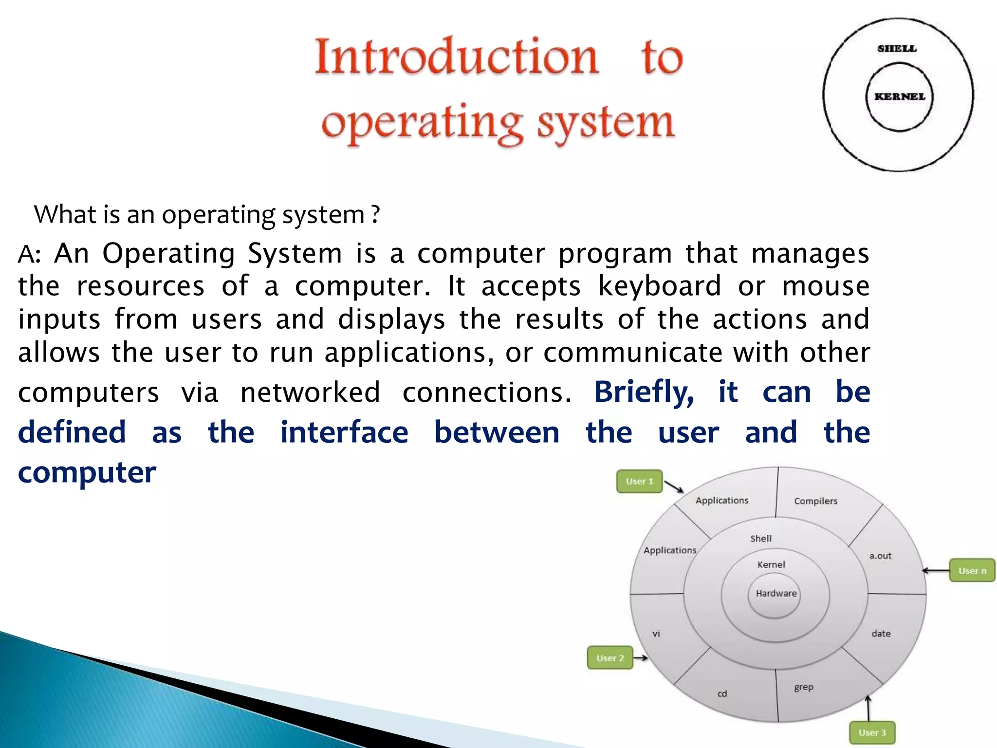 What is an operating system ? A: An Operating System is a computer program that manages the resources of a computer. It accepts keyboard or mouse inputs from users and displays the results of the actions and allows the user to run applications, or communicate with other computers via networked connections. Briefly, it can be defined as the interface between the user and the computer 