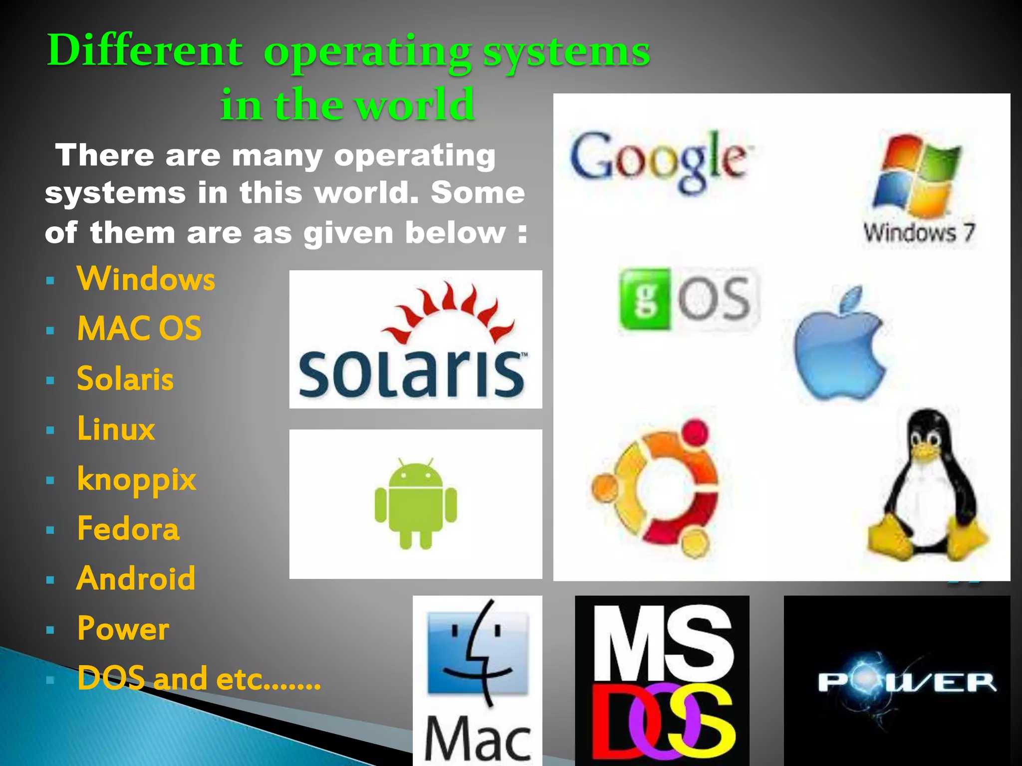 There are many operating systems in this world. Some of them are as given below :  Windows  MAC OS  Solaris  Linux  knoppix  Fedora  Android  Power  DOS and etc……. Different operating systems in the world 