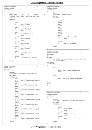 C++ Programs of switch Structure
C++ Programs of loop Structure
#include <iostream.h> 1
#include <conio.h>
void main()
{
int n;
cout<<"Enter No. of weekdays as
1=Mon,2=Tues,3=Wed,4=Thus,5=Fri,6=Sat,7=Sun";
cin>>n;
switch(n)
{
case 1:
{ cout<<"Monday";
break; }
case 2:
{ cout<<"Tuesday";
break; }
case 3:
{ cout<<"Wednesday";
break; }
case 4:
{ cout<<"Thusday";
break; }
case 5:
{ cout<<"Friday";
break; }
case 6:
{ cout<<"Saturday";
break; }
case 7:
{ cout<<"Sunday";
break; }
default:
{ cout<<"Invalid No. entered"; }
}
getch();
}
#include <iostream.h> 2
#include <conio.h>
void main()
{
char ch;
cout<<"Enter a single character=";
cin>>ch;
switch(ch)
{
case'a':
case'A':
case'e':
case'E':
case'i':
case'I':
case'o':
case'O':
case'u':
case'U':
{ cout<<"It is a vowel";
break;
}
default:
{ cout<<"It is constant"; }
}
getch();
}
#include <iostream.h> 3
#include <conio.h>
void main()
{
int marks;
cout<<"Enter your marks in %age as 1 for more than 60%,
2 for less than 60%";
cin>>marks;
switch(marks)
{
case 1:
{
cout<<"You are Eligible for admission.";
break;
}
default:
{
cout<<"You are not Eligible for admission.";
}
}
getch();
}
#include <iostream.h> 4
#include <conio.h>
void main()
{
int game;
cout<<"Enter a number(1-9) to see your Future";
cin>>game;
switch(game)
{ case 1:
{ cout<<"You wiil remain Happy";
break; }
case 2:
{ cout<<"You wiil remain Sad";
break; }
case 3:
{ cout<<"You wiil remain Enjoful";
break; }
case 4:
{ cout<<"You wiil remain Lazy";
break; }
case 5:
{ cout<<"You wiil remain Charming";
break; }
case 6:
{ cout<<"You wiil remain ILL";
break; }
case 7:
{ cout<<"You wiil remain Angry";
break; }
case 8:
{ cout<<"You wiil remain Alone";
break; }
default:
{ cout<<"You wiil remain Healthy"; }
}
getch();
}
#include <iostream.h> 5
#include <conio.h>
void main()
{
int stars;
cout<<"Enter 5 to print five,10 for 10 & 15 for 15 stars=";
cin>>stars;
switch(stars)
{
case 5:
{ cout<<"*****";
break; }
case 10:
{ cout<<"**********";
break; }
default:
{ cout<<"***************"; }
}
getch();
}
 