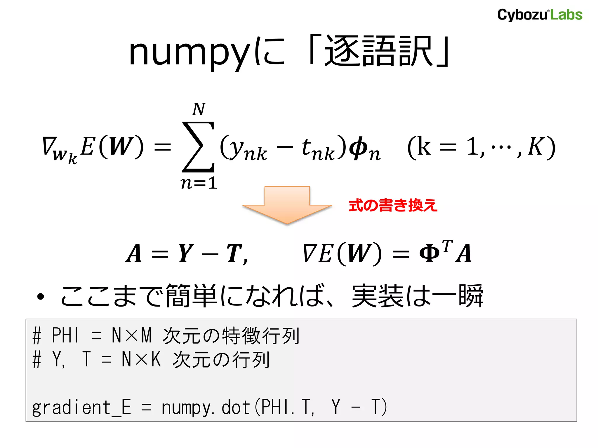 numpyに「逐語訳」
𝛻𝒘 𝑘
𝐸 𝑾 = 𝑦 𝑛𝑘 − 𝑡 𝑛𝑘 𝝓 𝑛 (k = 1, ⋯ , 𝐾)
𝑁
𝑛=1
𝑨 = 𝒀 − 𝑻, 𝛻𝐸 𝑾 = 𝚽 𝑇
𝑨
• ここまで簡単になれば、実装は一瞬
# PHI = N×M 次元の特徴行列
# Y, T = N×K 次元の行列
gradient_E = numpy.dot(PHI.T, Y - T)
式の書き換え
 
